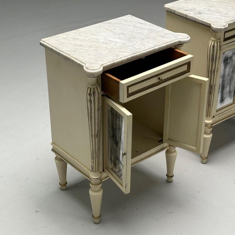 Maison Jansen, Hollywood Regency, Side Table Cabinets, Distressed Mirror, Marble - 6