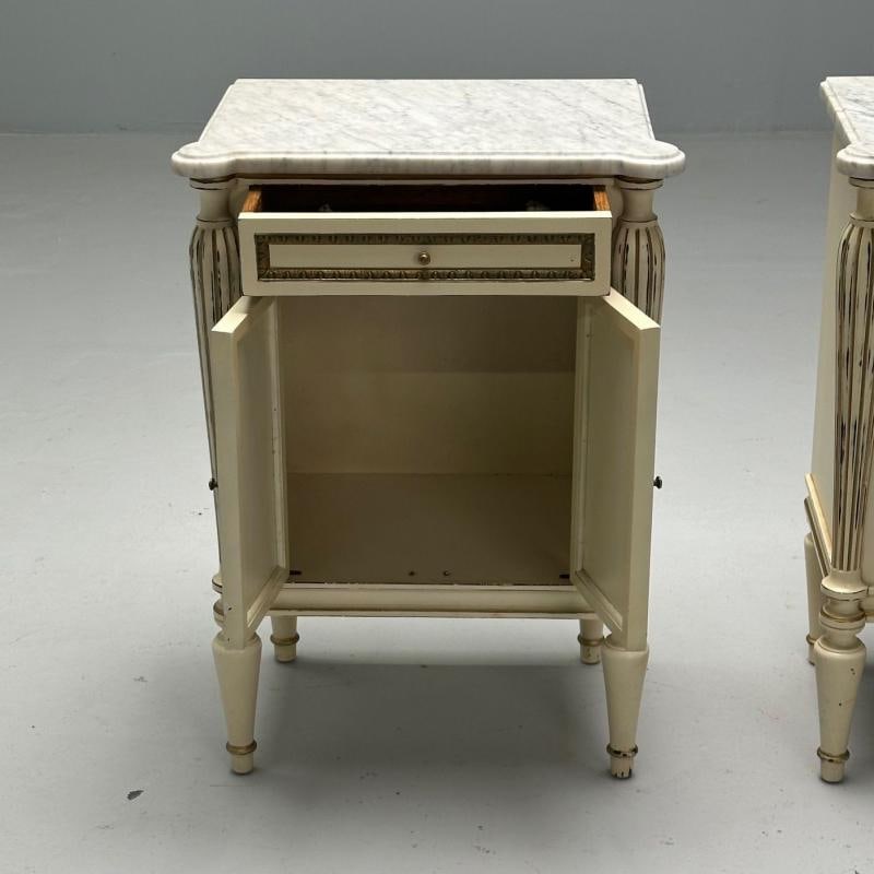 Maison Jansen, Hollywood Regency, Side Table Cabinets, Distressed Mirror, Marble - 8