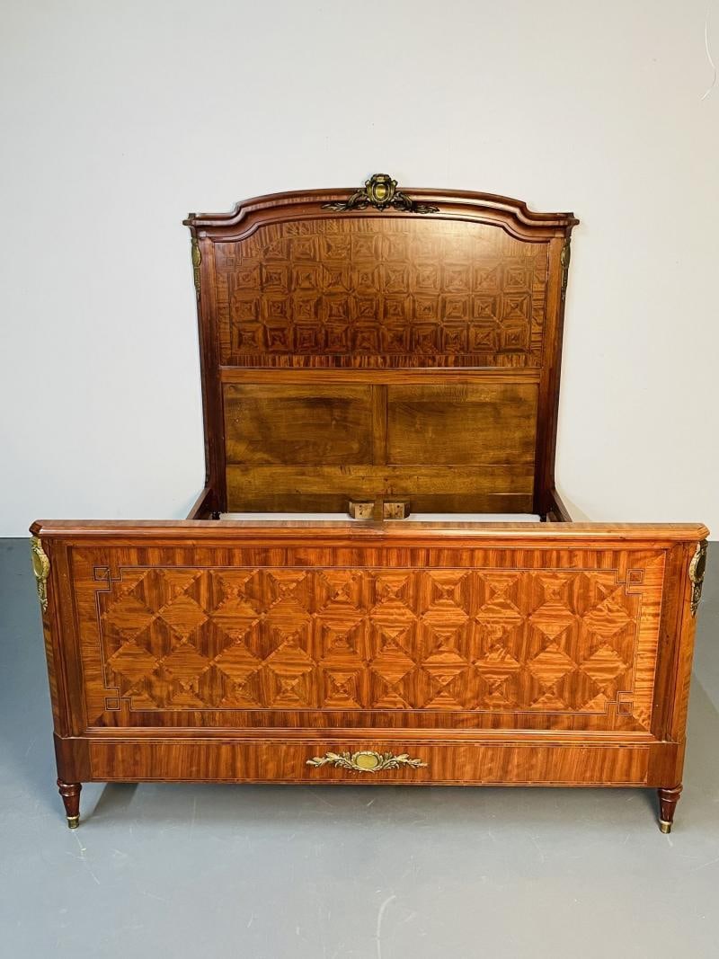 Louis XVI Style Full Size Bedframe by Mercier Freres, Parquetry, Bronze, French - 3