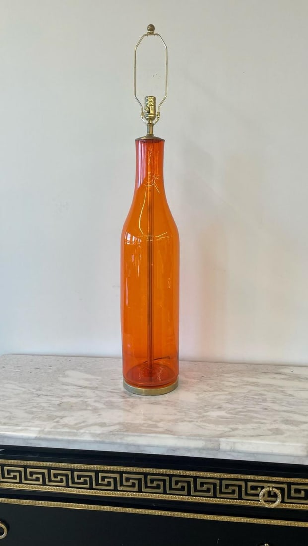 Single Mid-Century Large Orange Blown Glass Bottle Shape Table Lamp by Blenko - 5