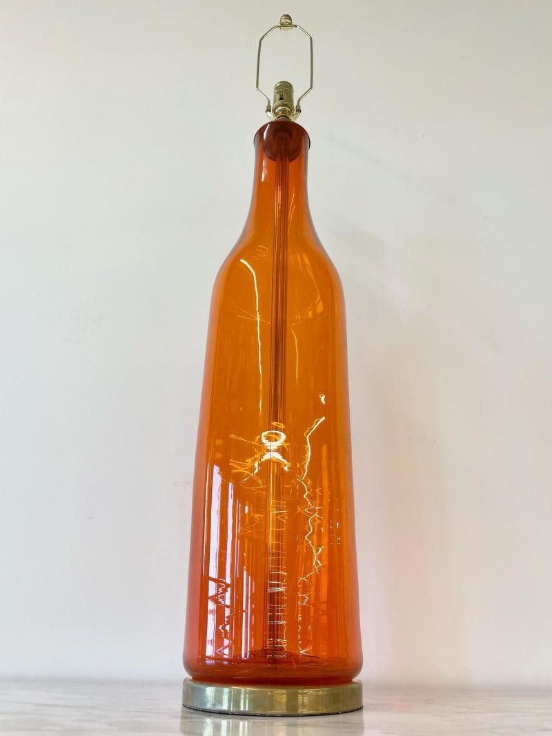 Single Mid-Century Large Orange Blown Glass Bottle Shape Table Lamp by Blenko - 6