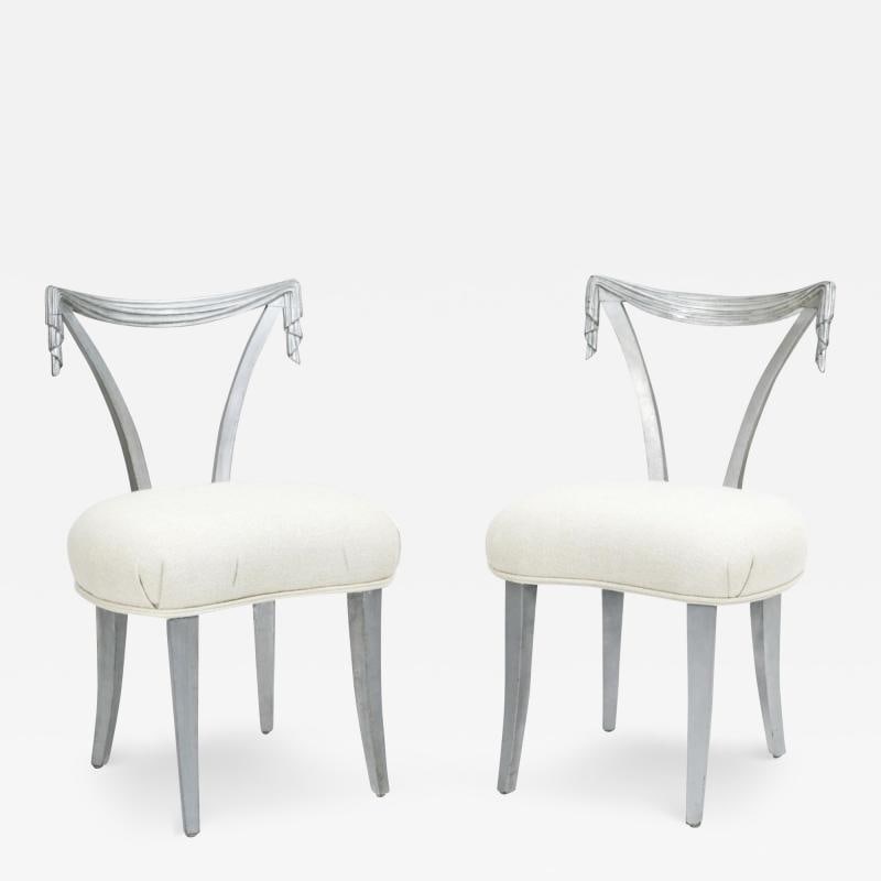 Pair of Dorothy Draper Grosfeld House Side Chairs, Mid-Century Modern: Title: Pair of Dorothy Draper Grosfeld House Side Chairs, Mid-Century Modern Description 1: Pair of silver painted Grosfeld House draper chairs. Each in a nice covered finish with drapery form designe