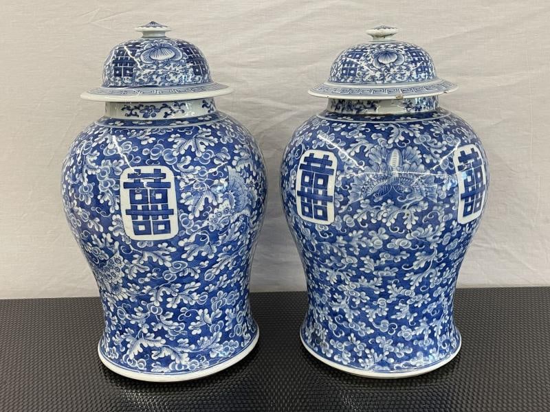 Pair of 19th Century Blue and White Lidded Temple Jars/Urns - 3