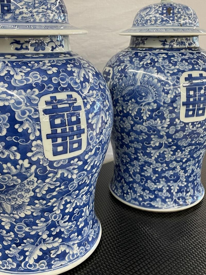 Pair of 19th Century Blue and White Lidded Temple Jars/Urns - 4
