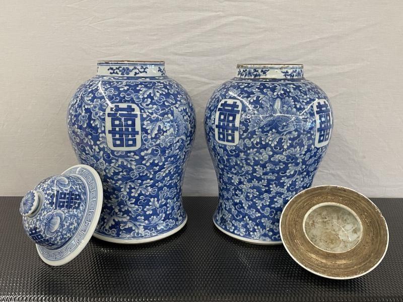 Pair of 19th Century Blue and White Lidded Temple Jars/Urns - 5