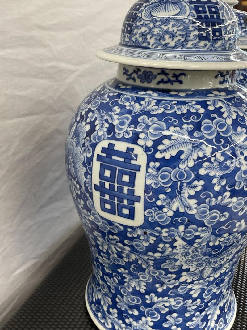 Pair of 19th Century Blue and White Lidded Temple Jars/Urns - 6