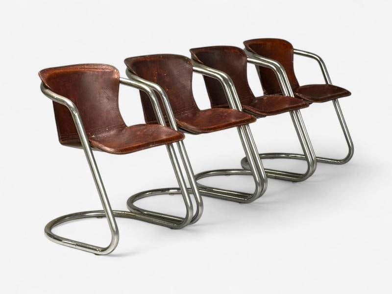 Willy Rizzo attr, Chromed Steel, Leather, Tubular Dining Chairs, Italy, 1970s - 3