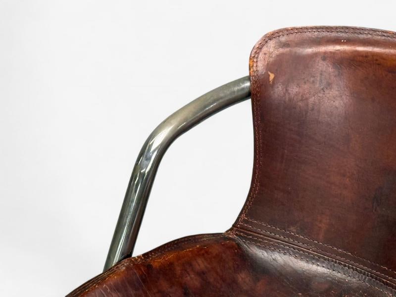 Willy Rizzo attr, Chromed Steel, Leather, Tubular Dining Chairs, Italy, 1970s - 5
