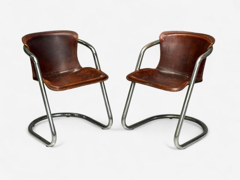 Willy Rizzo attr, Chromed Steel, Leather, Tubular Dining Chairs, Italy, 1970s - 6