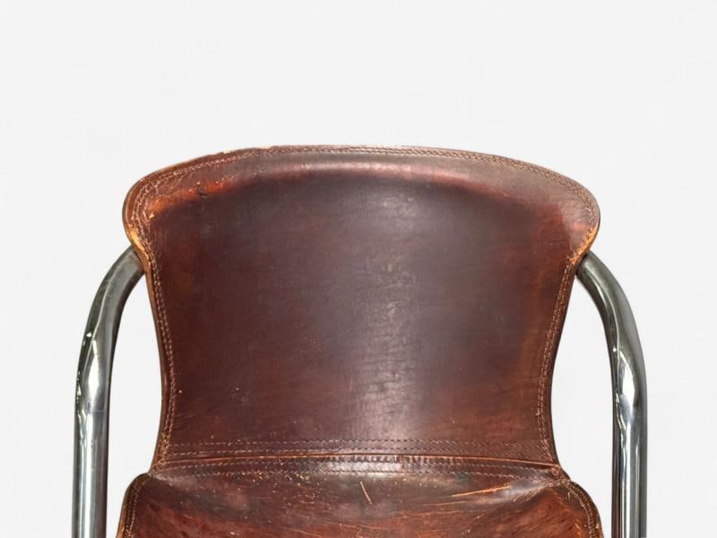 Willy Rizzo attr, Chromed Steel, Leather, Tubular Dining Chairs, Italy, 1970s - 7