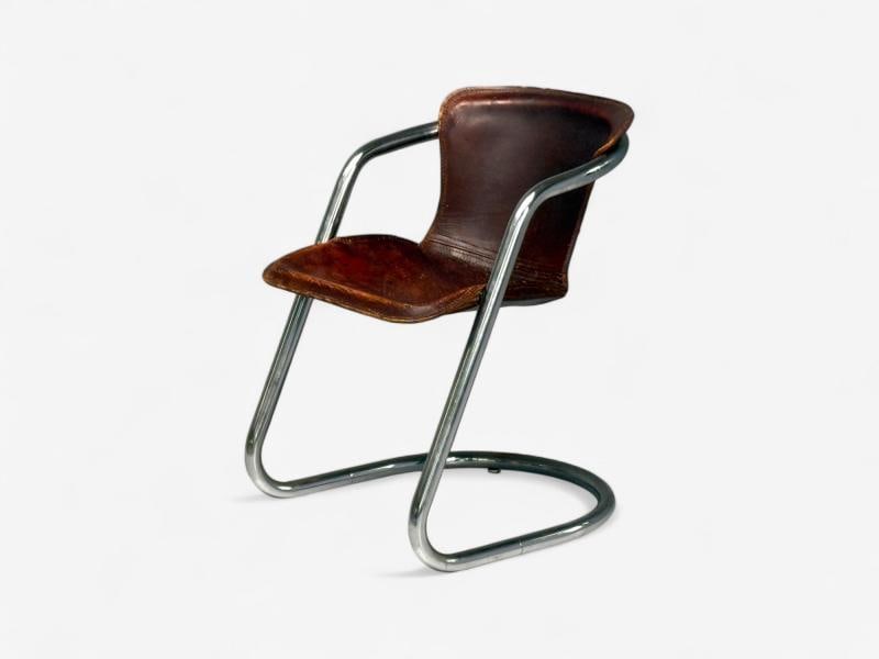 Willy Rizzo attr, Chromed Steel, Leather, Tubular Dining Chairs, Italy, 1970s - 8