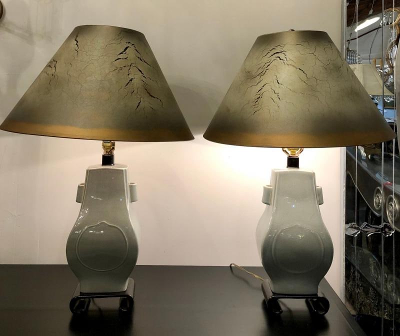 Porcelain Crackle Glaze Table Lamps Chinese Inspired Pair with Custom Shades - 2