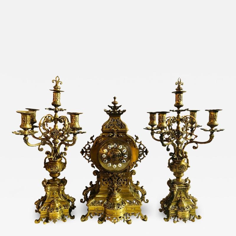 19th Century Gothic Style J.E. Caldwell Gilt Bronze Clock Garniture Set (1 of 12)