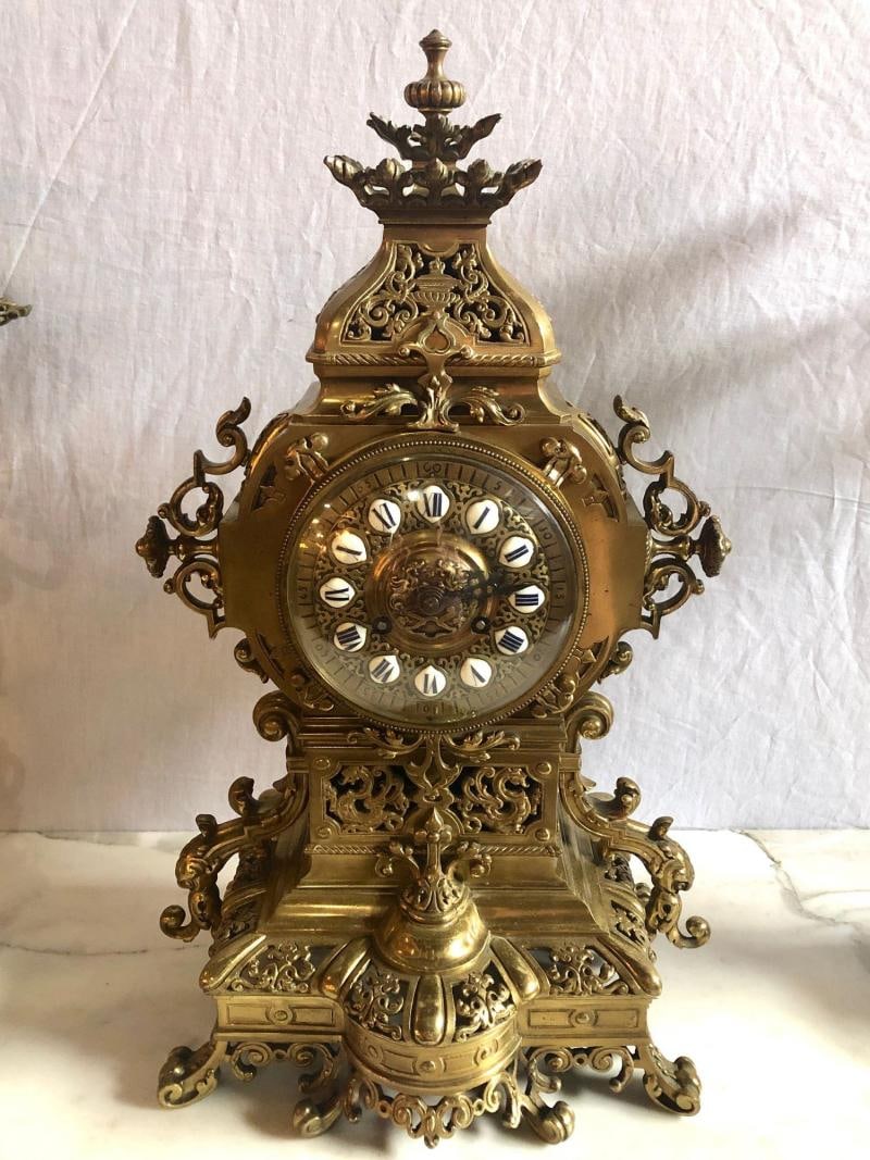 19th Century Gothic Style J.E. Caldwell Gilt Bronze Clock Garniture Set - 2