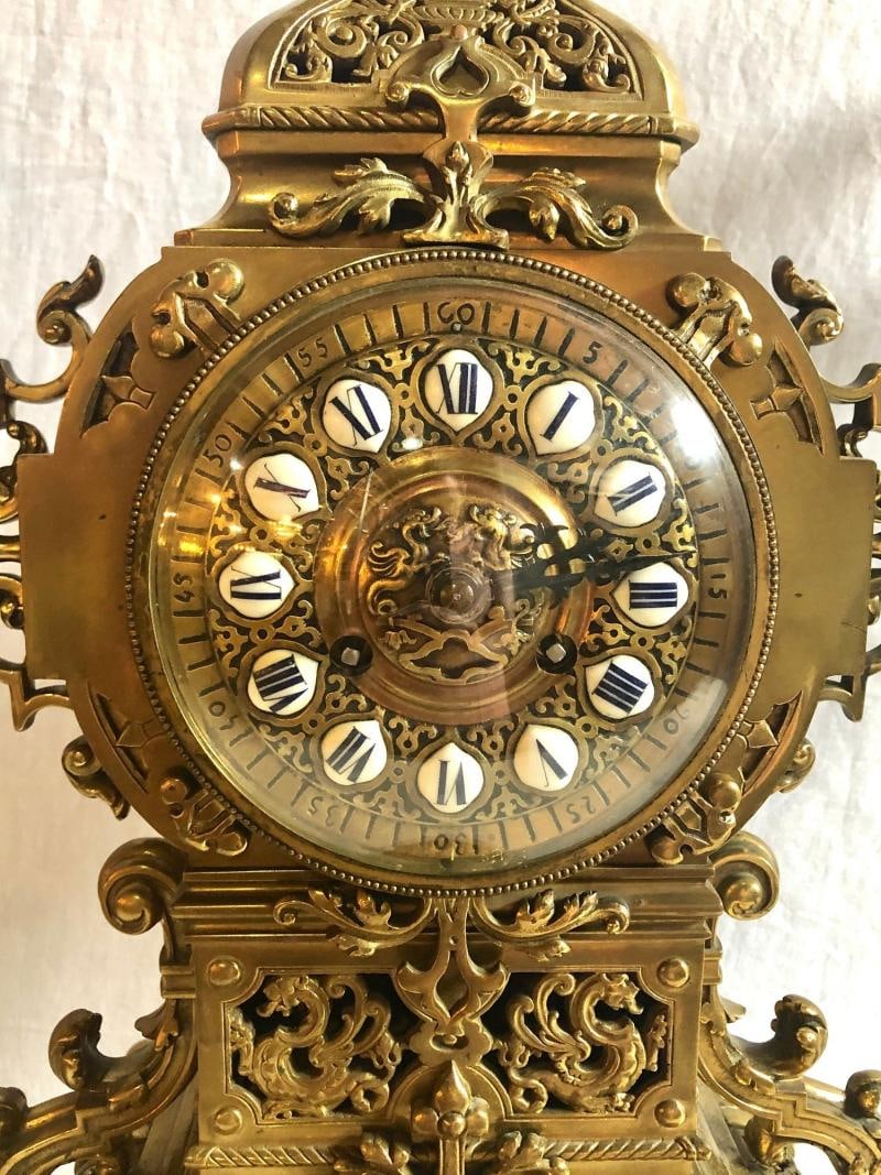 19th Century Gothic Style J.E. Caldwell Gilt Bronze Clock Garniture Set - 3