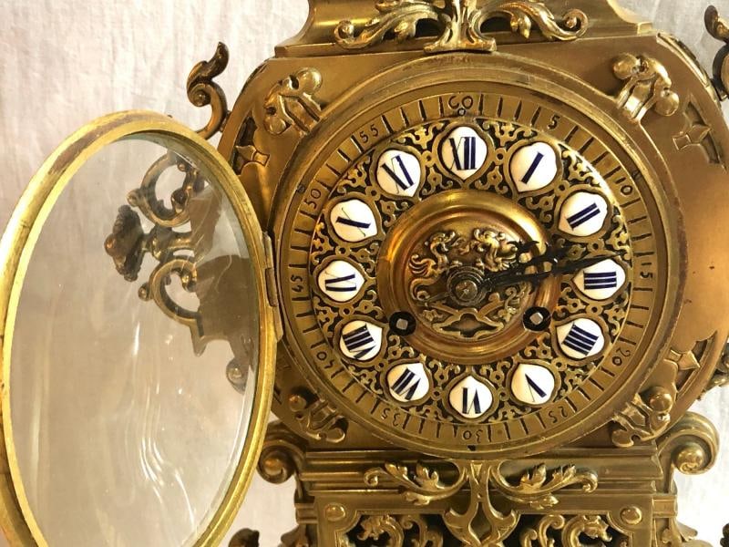 19th Century Gothic Style J.E. Caldwell Gilt Bronze Clock Garniture Set - 4