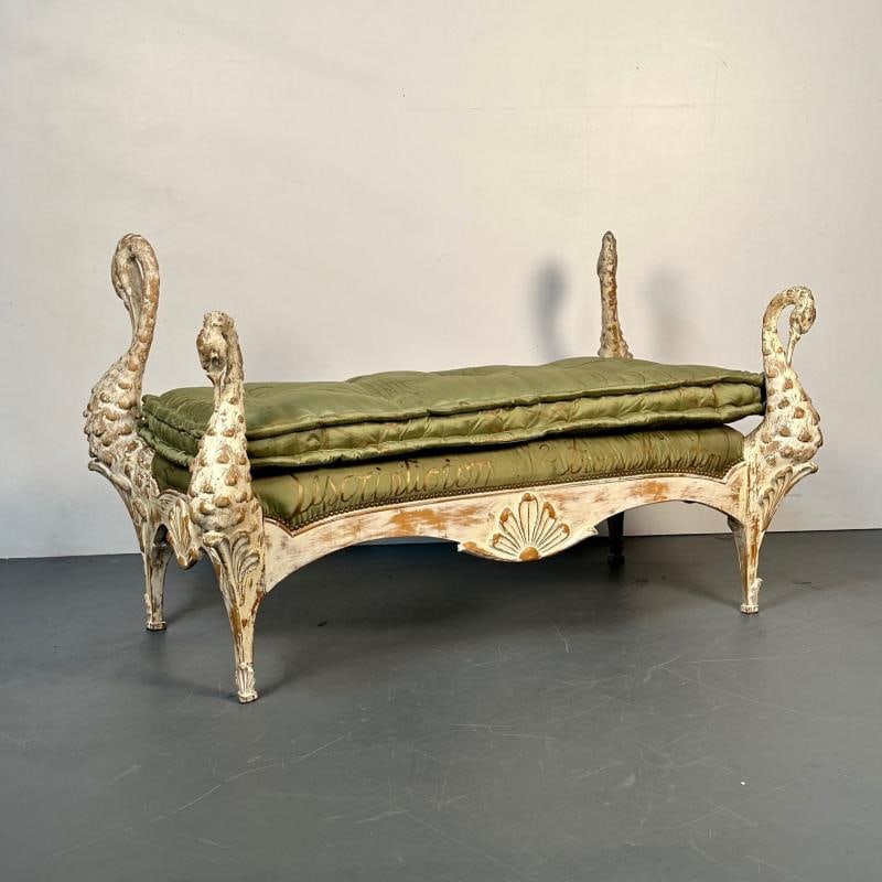 Hollywood Regency Swan Bench / Daybed by Maison Jansen, Hand Carved, Distressed - 3