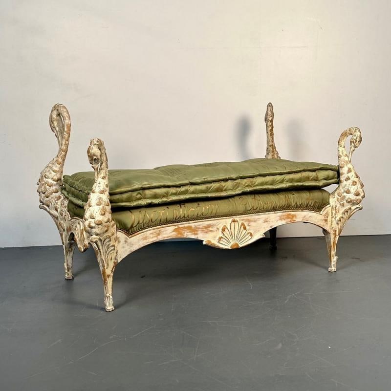 Hollywood Regency Swan Bench / Daybed by Maison Jansen, Hand Carved, Distressed - 4