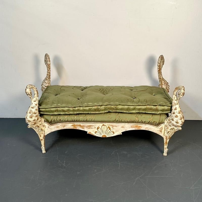 Hollywood Regency Swan Bench / Daybed by Maison Jansen, Hand Carved, Distressed - 5