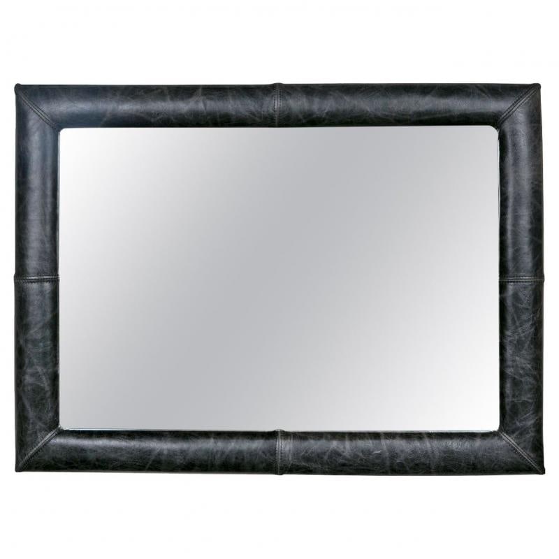 Mid-Century Wall Mirror Decorated Distressed Leather Upholstered Frame - 2