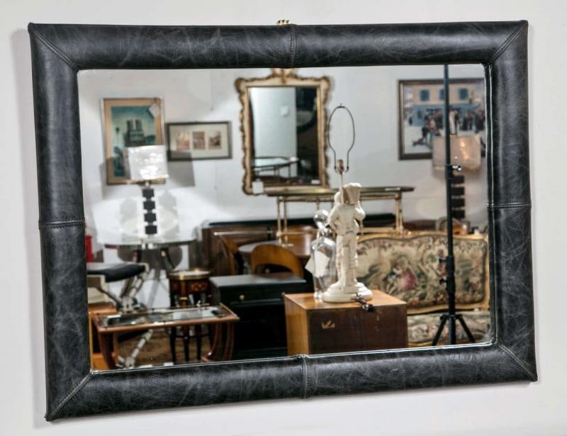 Mid-Century Wall Mirror Decorated Distressed Leather Upholstered Frame - 3