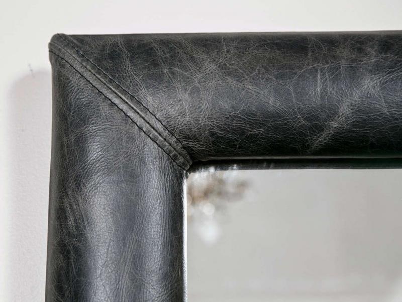 Mid-Century Wall Mirror Decorated Distressed Leather Upholstered Frame - 4