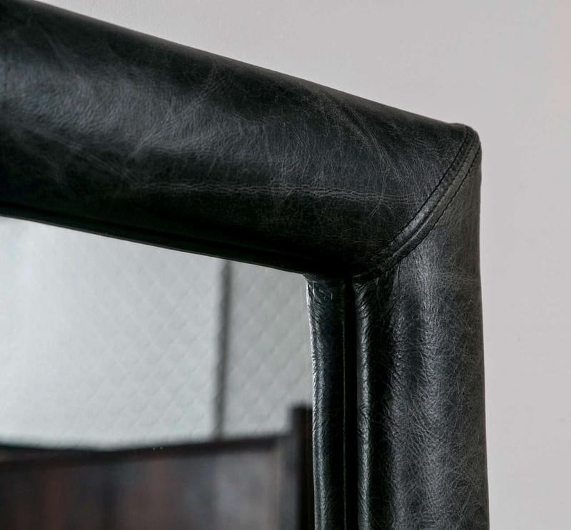 Mid-Century Wall Mirror Decorated Distressed Leather Upholstered Frame - 5