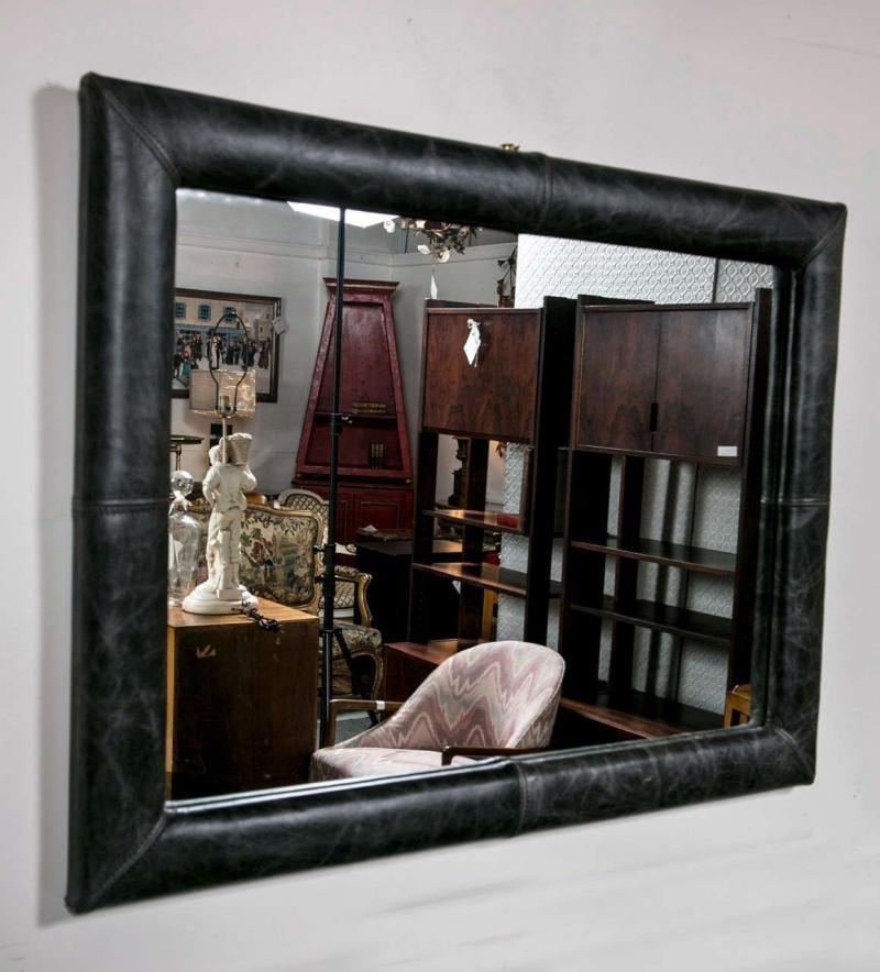 Mid-Century Wall Mirror Decorated Distressed Leather Upholstered Frame - 6
