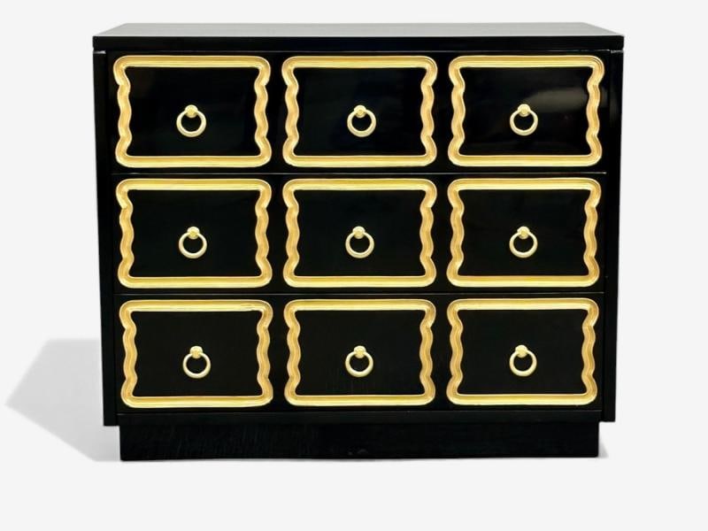 Dorothy Draper Style, Hollywood Regency, Black Lacquer, Gilt, Brass, Commodes - 7