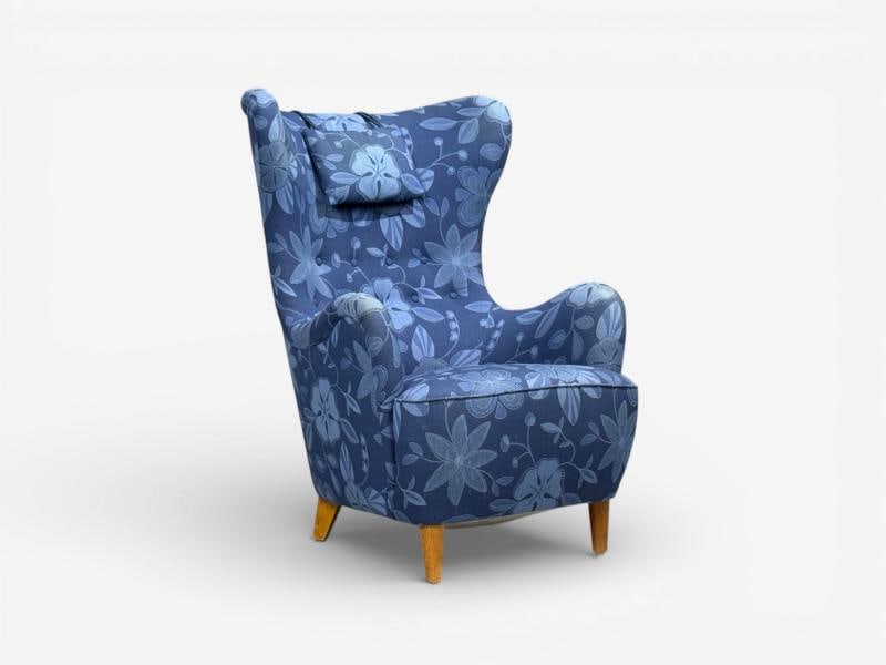 Danish Modern, Wingback Chair, Blue Fabric, Wood, Denmark, 1940s - 3