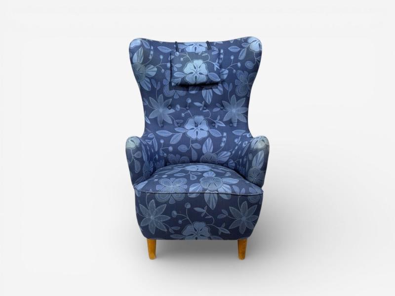 Danish Modern, Wingback Chair, Blue Fabric, Wood, Denmark, 1940s - 4