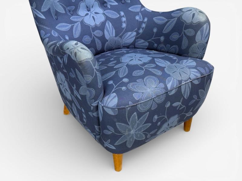 Danish Modern, Wingback Chair, Blue Fabric, Wood, Denmark, 1940s - 6