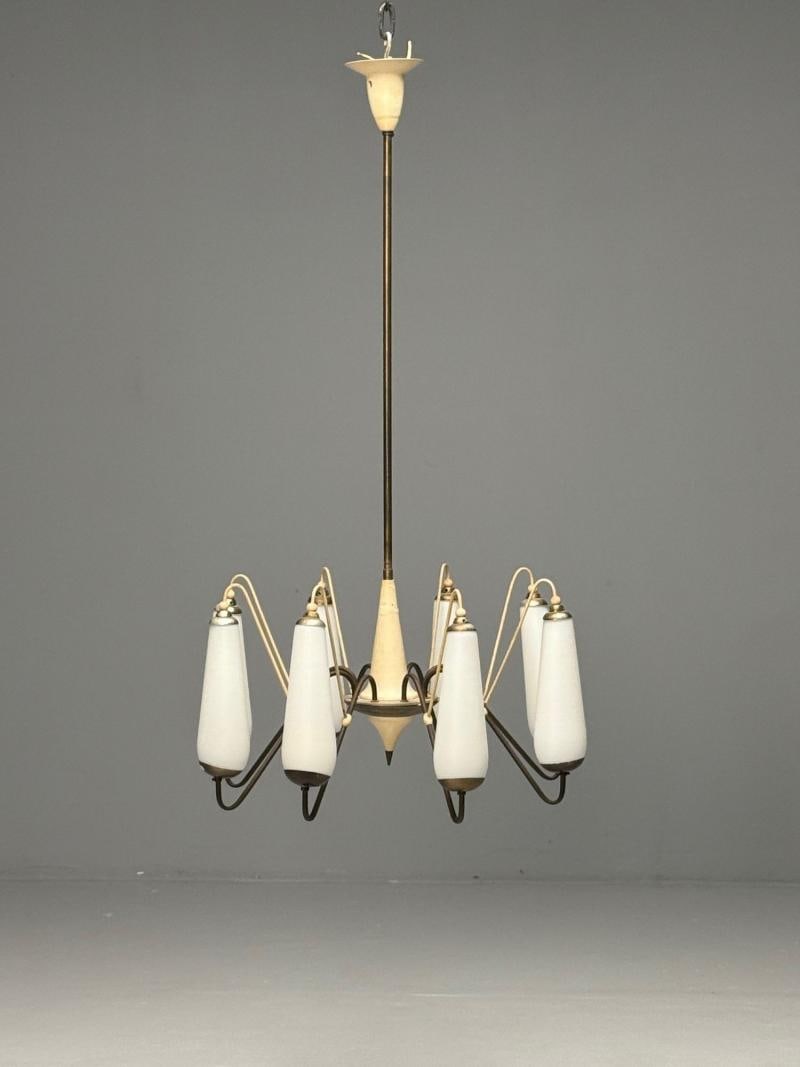 Italian Mid-Century Modern, Eight Light Chandelier, Brass, Metal, Opaline Glass - 4