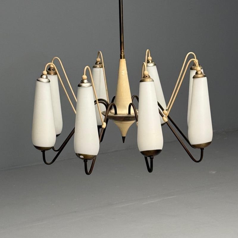 Italian Mid-Century Modern, Eight Light Chandelier, Brass, Metal, Opaline Glass - 5