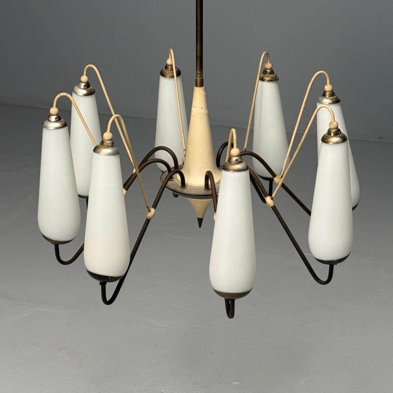 Italian Mid-Century Modern, Eight Light Chandelier, Brass, Metal, Opaline Glass - 6