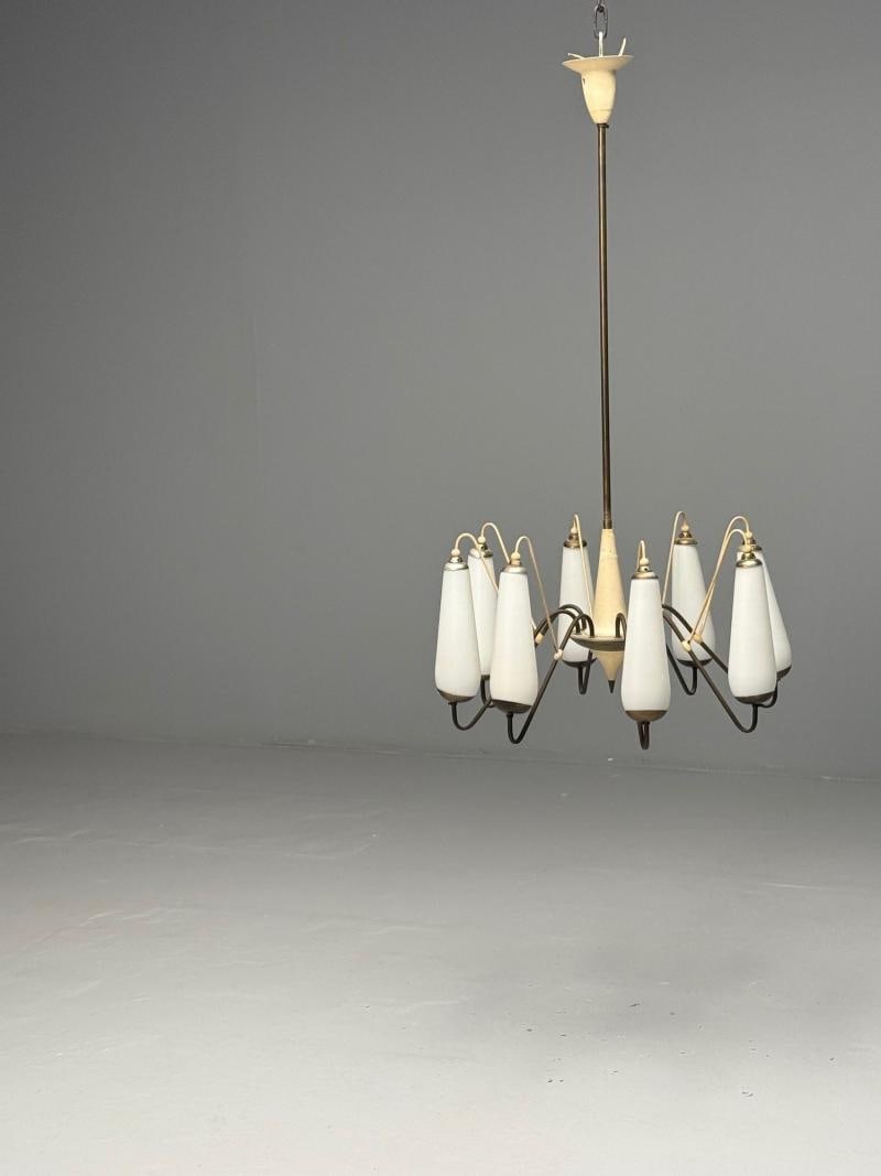 Italian Mid-Century Modern, Eight Light Chandelier, Brass, Metal, Opaline Glass - 7