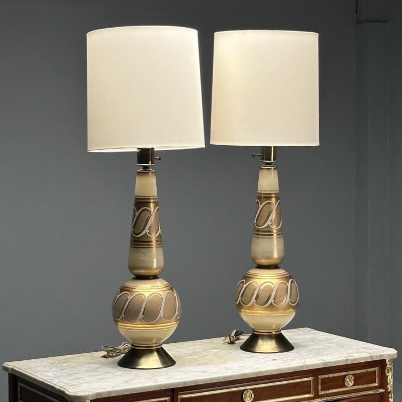 Italian Mid-Century Modern, Large Table Lamps, Gold Glass, Brass, Italy, 1960s - 4