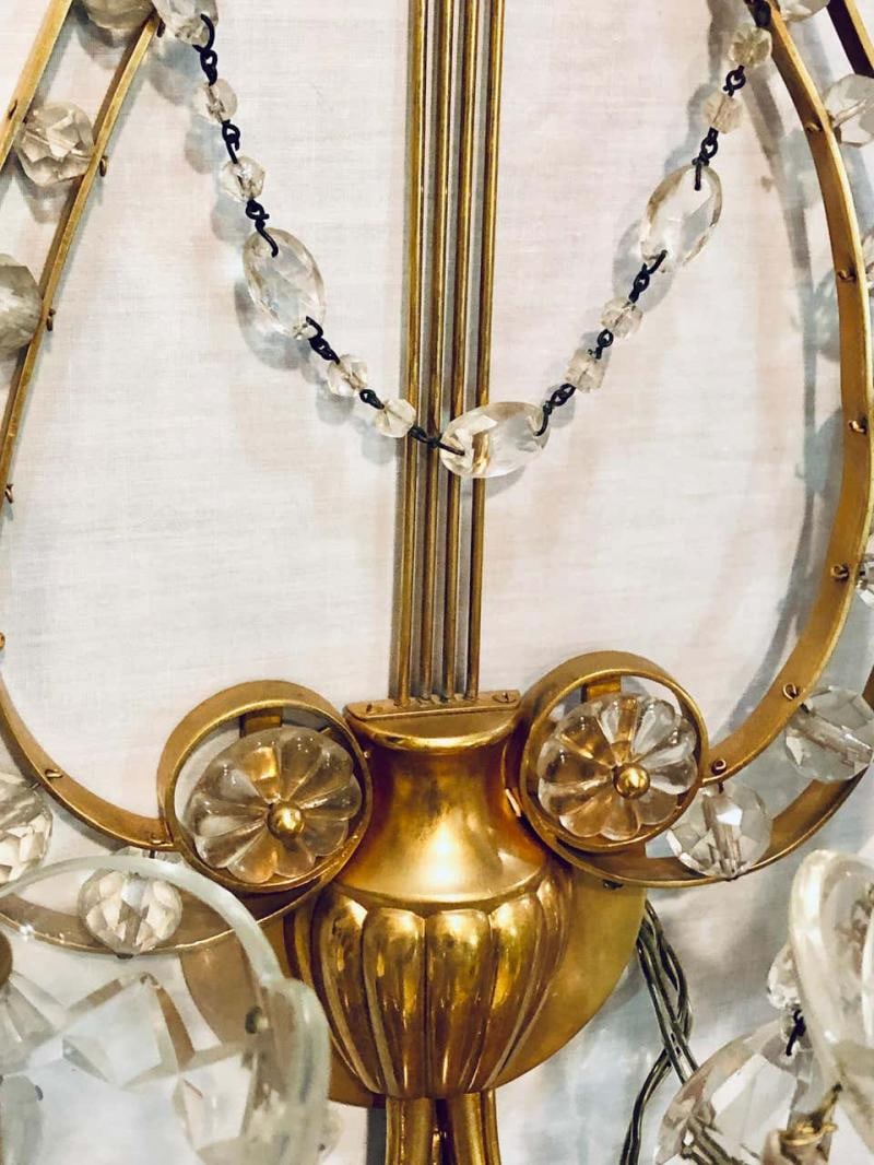 Pair of Bagues Louis XVI Style Lyre Back Crystal and Brass 2 Light Wall Sconces - 10