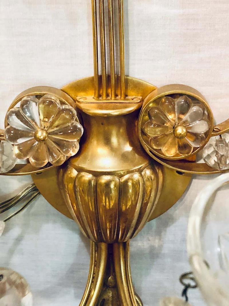 Pair of Bagues Louis XVI Style Lyre Back Crystal and Brass 2 Light Wall Sconces - 2