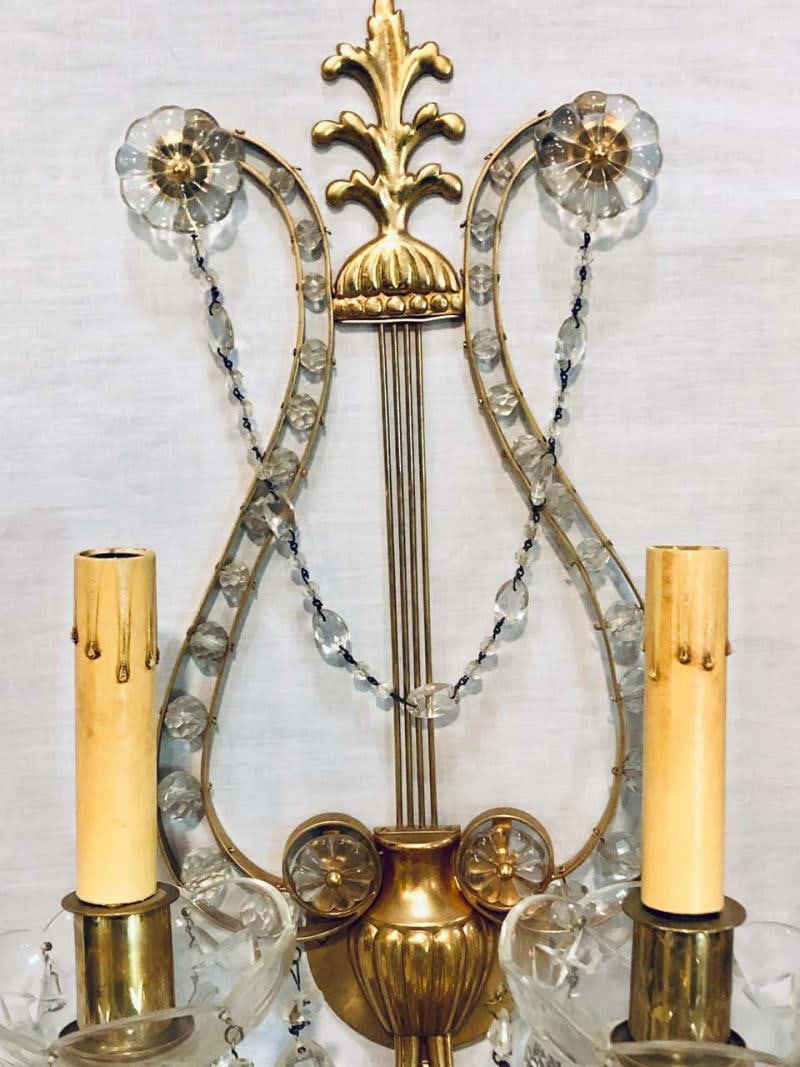 Pair of Bagues Louis XVI Style Lyre Back Crystal and Brass 2 Light Wall Sconces - 4