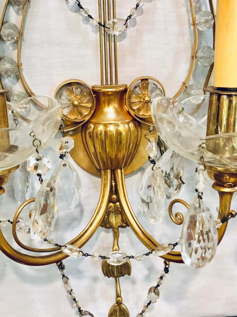 Pair of Bagues Louis XVI Style Lyre Back Crystal and Brass 2 Light Wall Sconces - 5