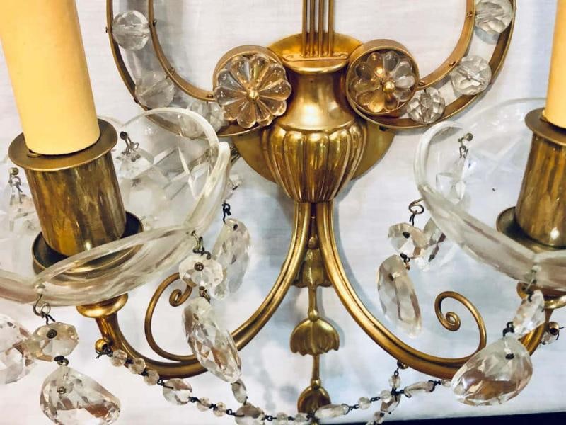 Pair of Bagues Louis XVI Style Lyre Back Crystal and Brass 2 Light Wall Sconces - 7
