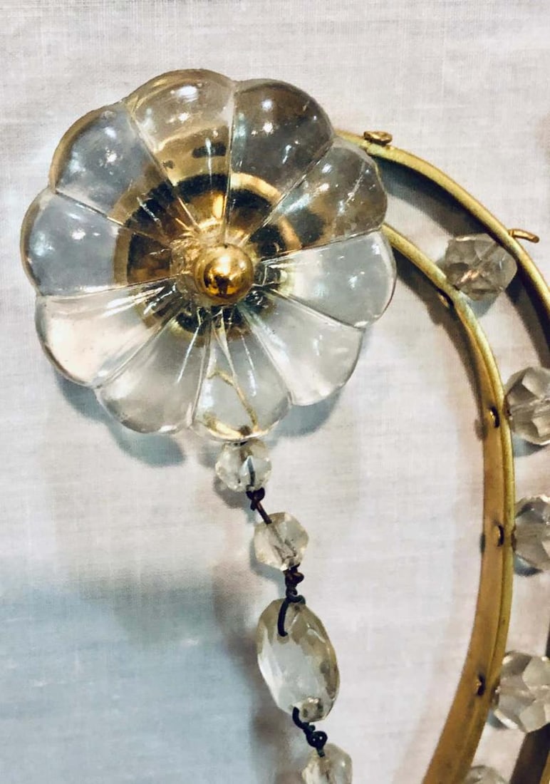 Pair of Bagues Louis XVI Style Lyre Back Crystal and Brass 2 Light Wall Sconces - 9