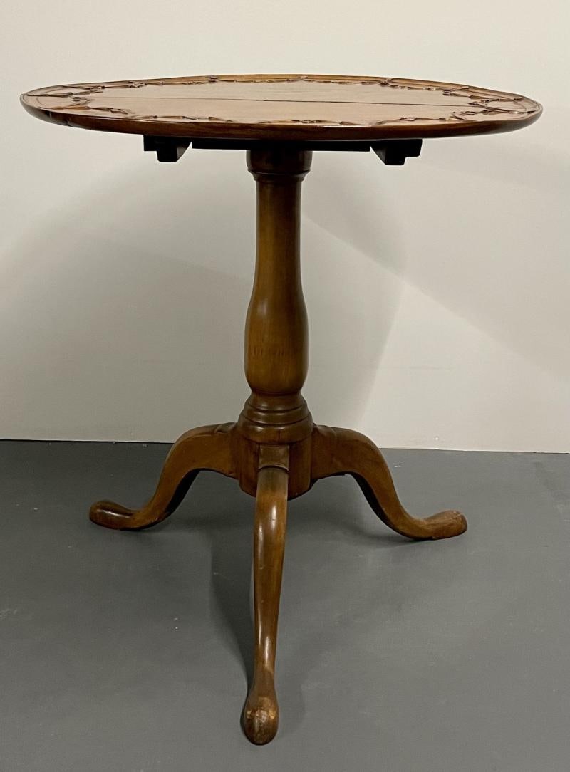 19th Century American Pie Crust Table, Tilt Top, Solid Wood Carved. - 6