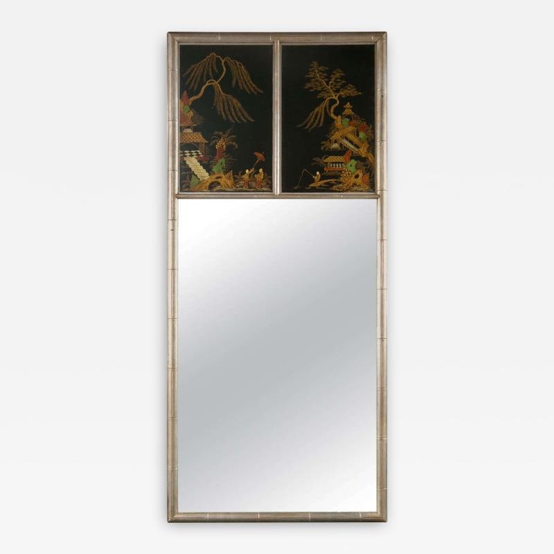 Chinoiserie Hand Painted Style Faux Silver Bamboo Mirror Decorative - 2