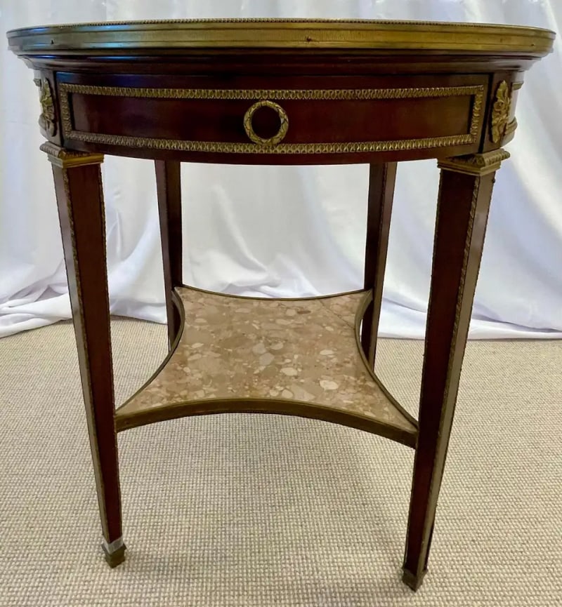 French Mahogany Louis XVI Style Marble Top Bouillotte Table, Bronze Mounted - 2