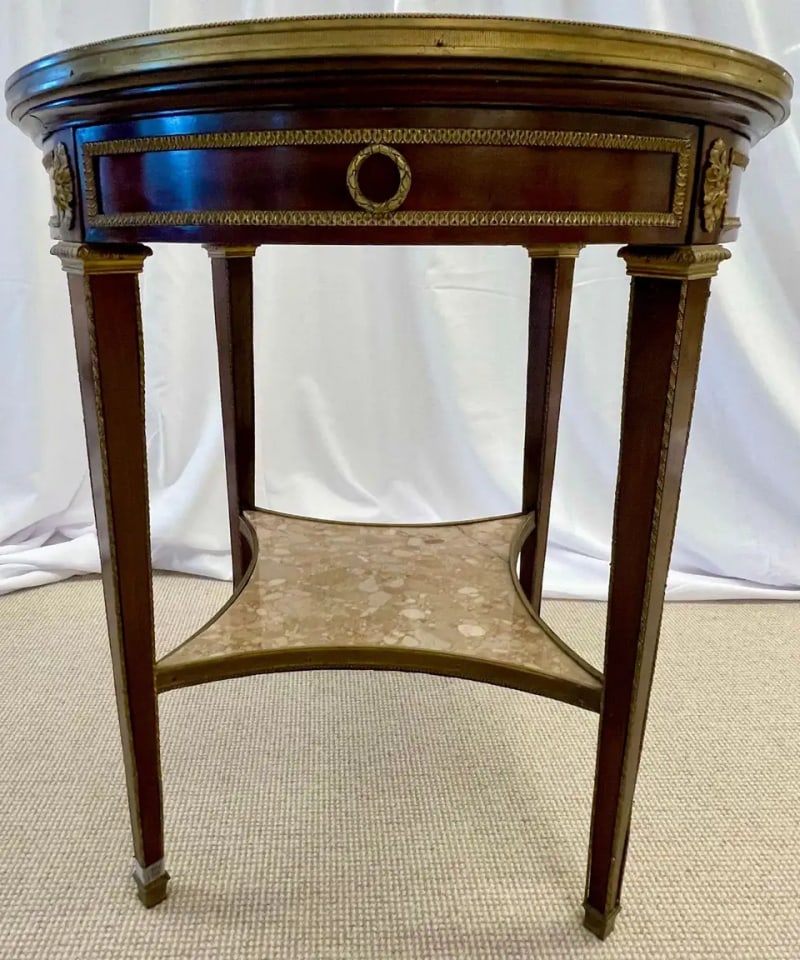 French Mahogany Louis XVI Style Marble Top Bouillotte Table, Bronze Mounted - 3