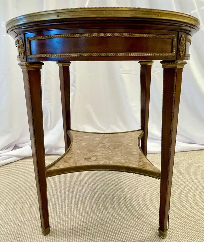 French Mahogany Louis XVI Style Marble Top Bouillotte Table, Bronze Mounted - 4