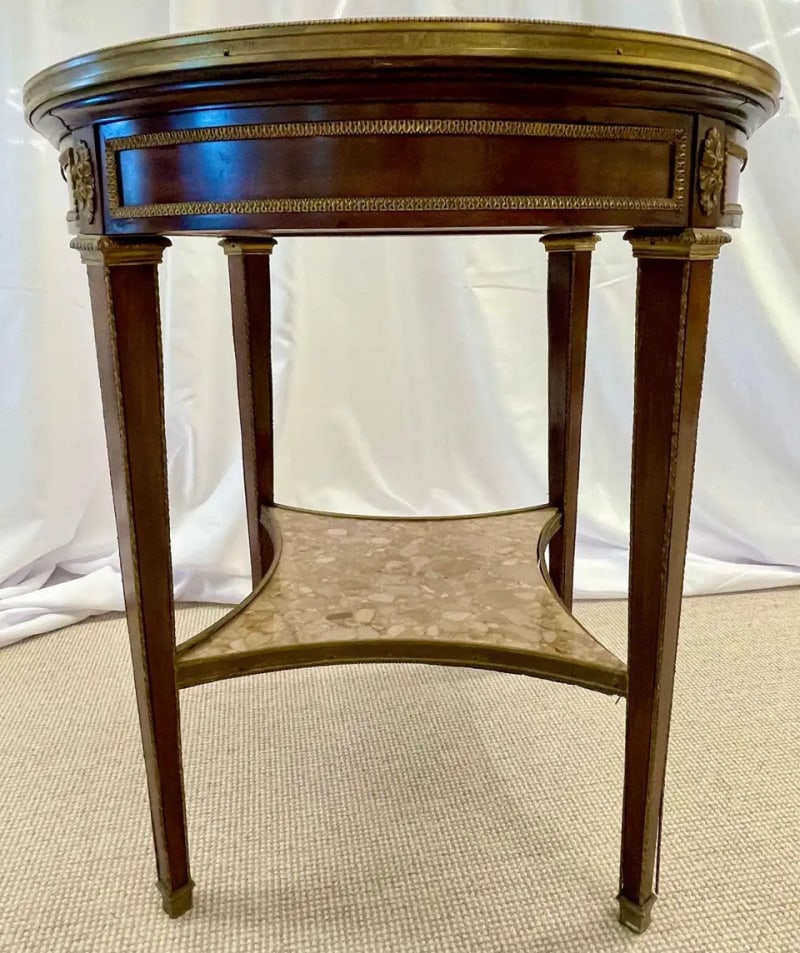 French Mahogany Louis XVI Style Marble Top Bouillotte Table, Bronze Mounted - 5