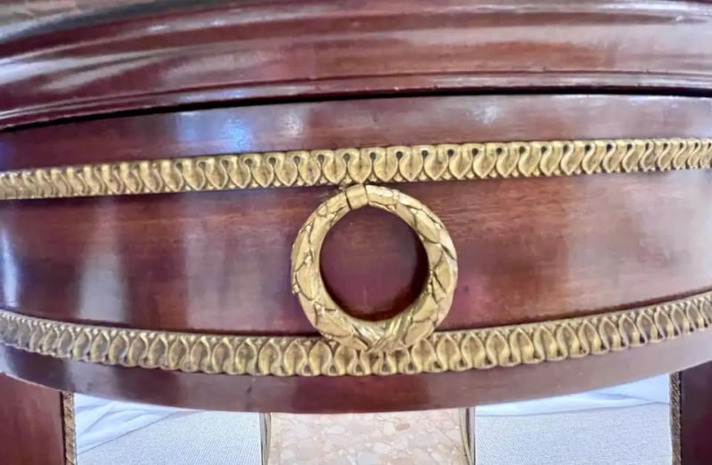 French Mahogany Louis XVI Style Marble Top Bouillotte Table, Bronze Mounted - 6